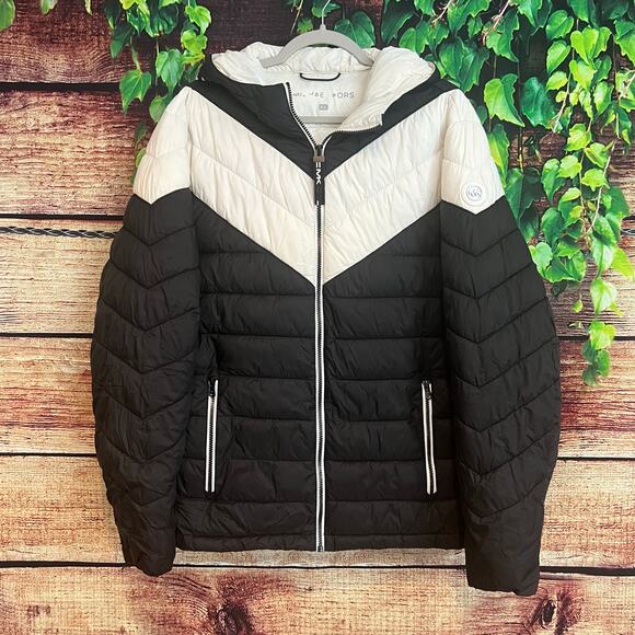 Michael Kors Insulated Puffer Coat Jacket Mens XL Full Zip Spell Out Black White - Picture 1 of 6